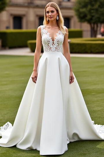 Court Train Satin A Line V-Neck Ivory Wedding Dress with Lace Appliques